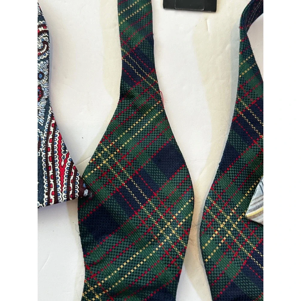 Cremieux Bow Tie Plaid Paisley Red Blue Green Brown 100% Silk Cotton Set 4 NEW